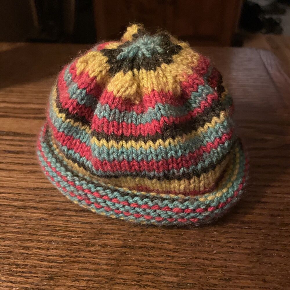 Hand Knit Newborn Infant Winter Hat, Cap Hippie Boho Multicolor Stripes ￼
